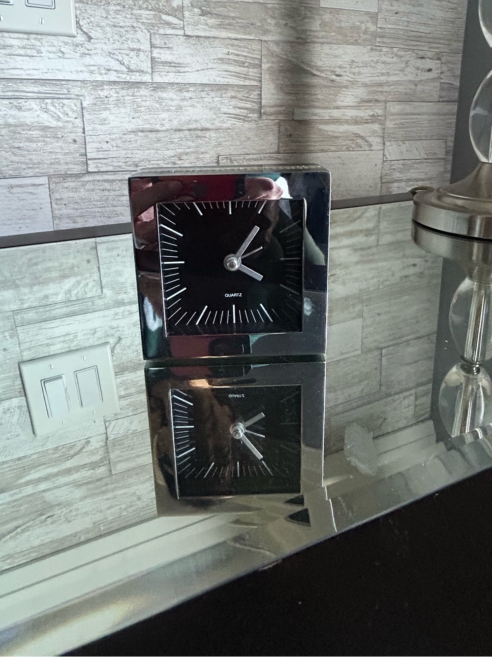 Contemporary Square Silver Frame Black Dial Quartz Clock 
3 1/2 x 3 1/2